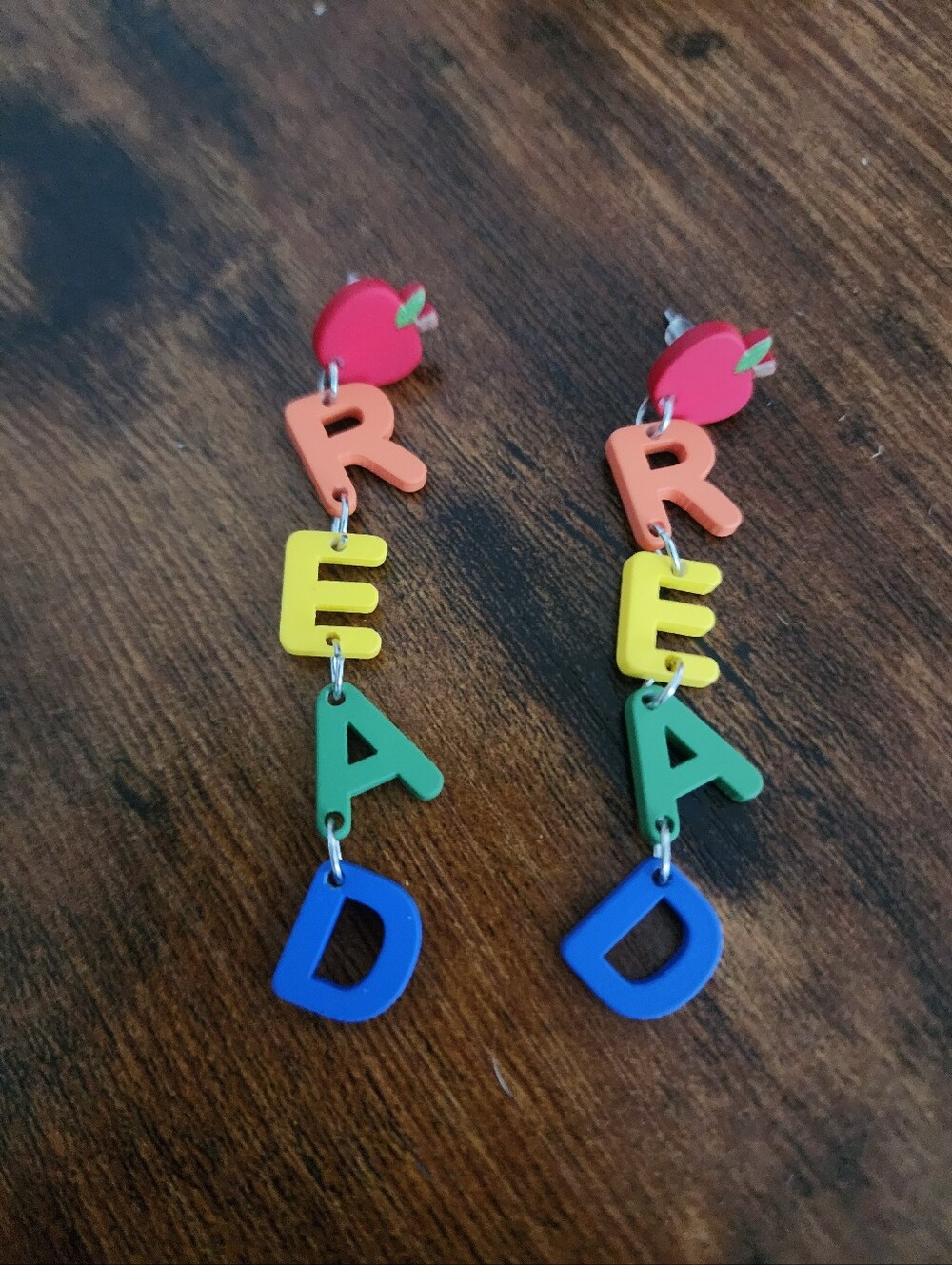 Colorful Earrings With Apple And 'READ' Letter Drops - Multicolor H-2.8IN W-0.7